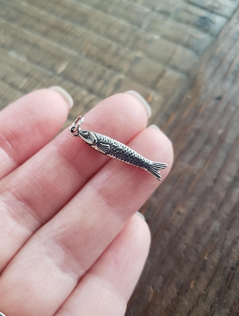 May include: A small, silver-colored fish charm with detailed scales and fins. The charm is suspended from a small loop, suggesting it's designed for a necklace or bracelet. The fish is held in a person's hand.
