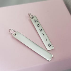 Sterling Silver custom engraved long bar pendant rectangle charm, name, birth date, quote, own message, laser engraving service
