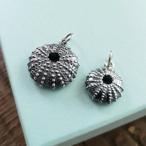 Puede incluir: Dos abalorios de erizo de mar de plata, uno más grande que el otro, con un diseño detallado y texturizado. Los abalorios están sobre un fondo azul claro.