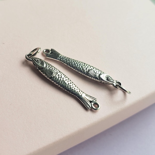 Sterling silver small sardine charm link fish italian pendant foodie chef gift food lover quirky pendant add gemstone