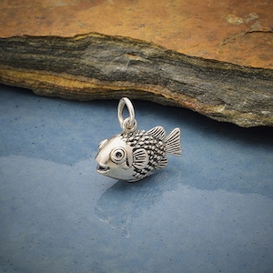 sterling silver puffer fish charm, ocean pendant under the sea collection, 3d