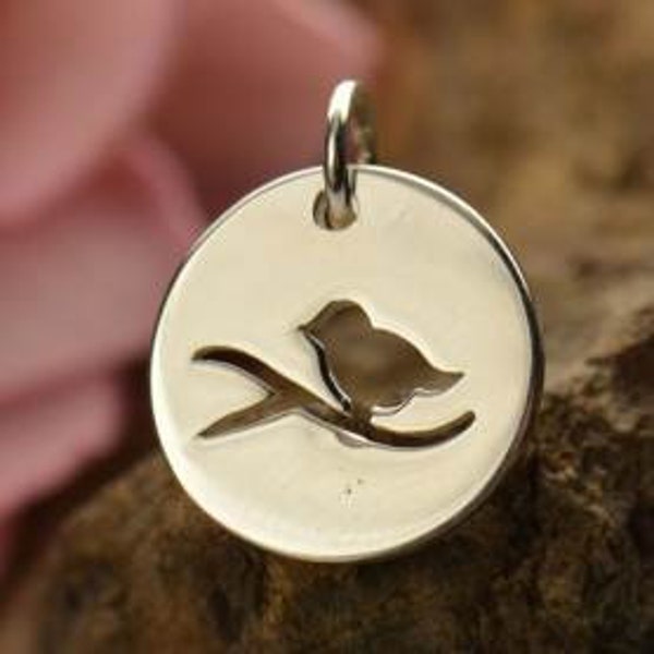 Bronze birds on a branch pendant, Sterling Silver Bird cutout Charm , botanical woodland, cute kids jewelry