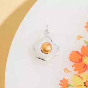 sterling silver fried egg charm with yolk, breakfast food pendant, whimsical egg necklace charm