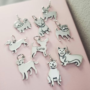 May include: A collection of silver-colored dog charms, each depicting a different breed. One charm has the name "Luna" engraved. The charms are designed with a loop for attaching to a necklace or bracelet. The background is a soft pink.