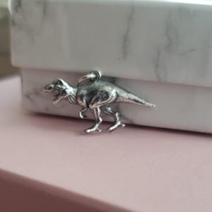 May include: A silver charm in the shape of a Tyrannosaurus Rex dinosaur. The charm is detailed and has a realistic appearance.