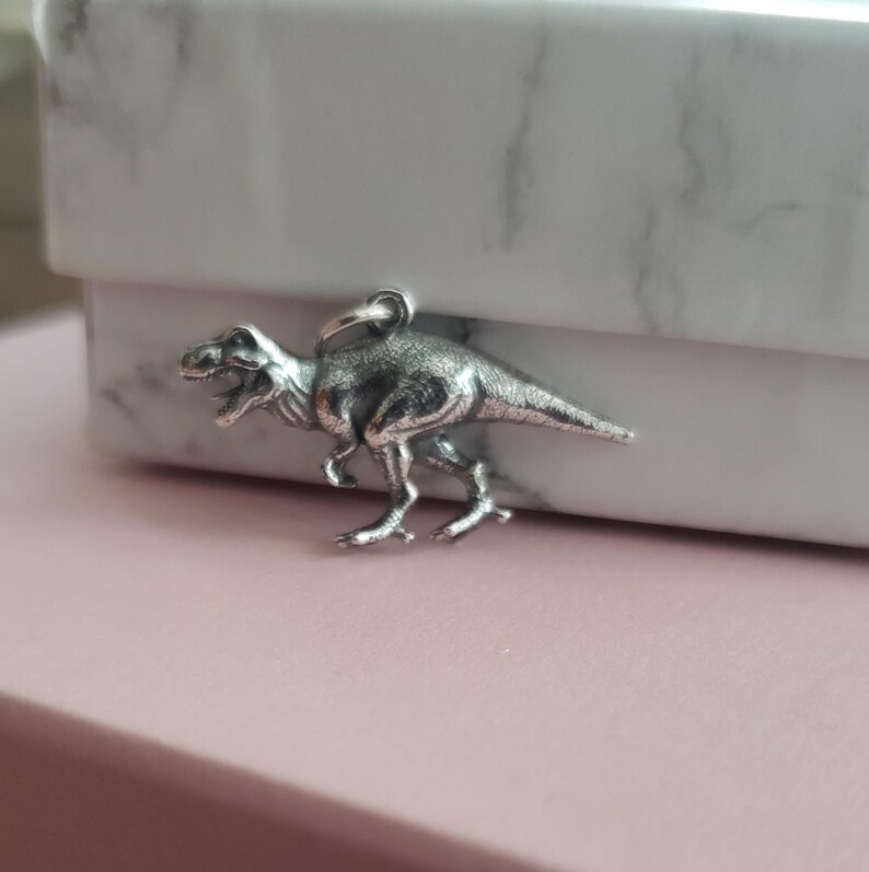 May include: A silver charm in the shape of a Tyrannosaurus Rex dinosaur. The charm is detailed and has a realistic appearance.