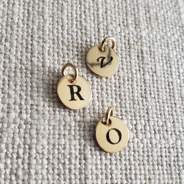 14k gold filled laser engraved letter disc charms personalized jewelry supply, initial necklace or bracelet charm pendant