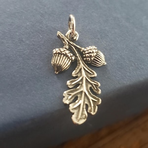 Puede incluir: Encanto de plata con una hoja de roble y dos bellotas. El encanto es detallado y tiene un aspecto rústico.