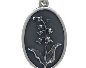 May Birthflower pendant Lily of the valley charm in oval frame birthflower pendant engraved custom message May birthday gift