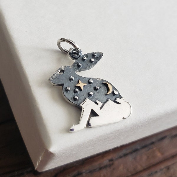 sterling silver hare charm with bronze star and moon rabbit pendant