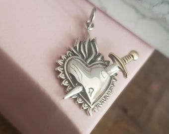 Mixed Metal Flaming Heart Pendant With Sword, Sterling