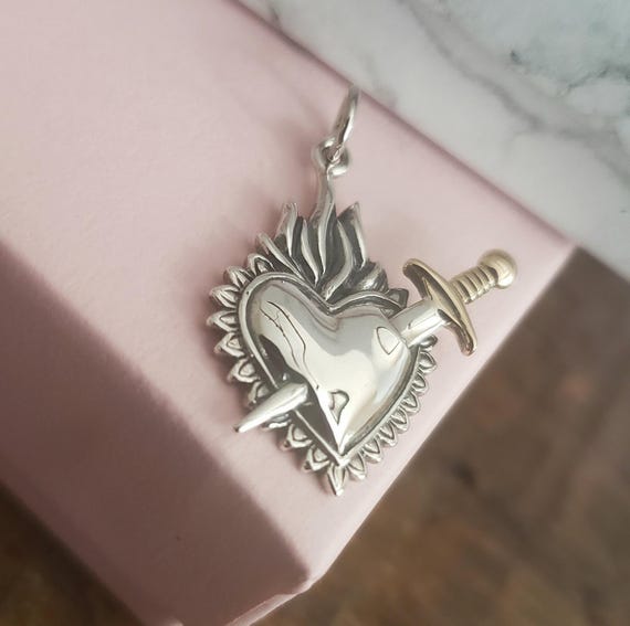 Medival World Pendant Mixed Metal Flaming Heart With Sword - Etsy