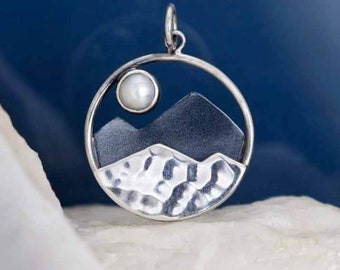 Sterling Silver Mountain Pendant with pearl moon nature travel inspired charm jewelry supply, mountain necklace making landscape