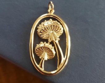 bronze agaric mushroom charm in oval frame fairytale, magical, forest nature pendant jewelry supply