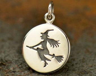 Halloween Sterling Silver witch disc charm spooky pendant