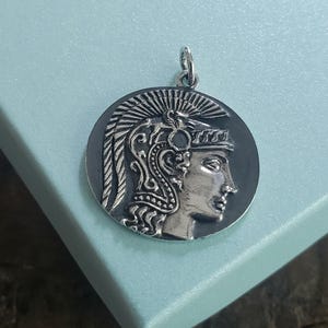 Sterling Silver Goddess Athena Coin Charm, engraving jewelry supply ancient Greek mythology history