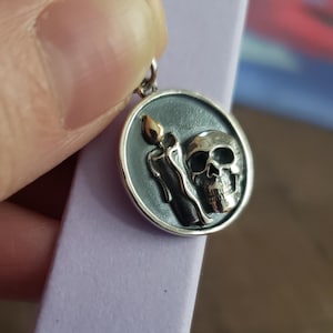 Halloween sterling silver candle and skull charm talisman, spooky pendant