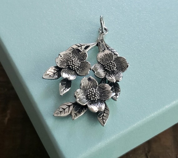 sterling silver dogwood flowers charm pendant, bouquet blossoms nature purity sacrifice, Christian jewelry