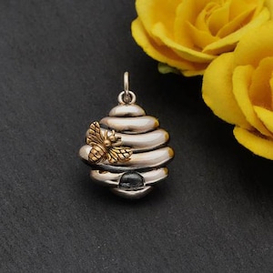 sterling silver beehive charm with a bronze bee, botanical garden pendant, nature jewelry