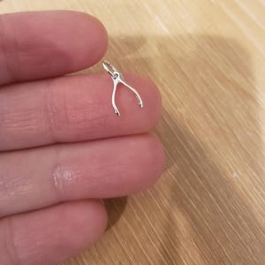 May include: A small, silver-colored wishbone charm. The charm is held between fingers, showcasing its delicate design and polished finish. The wishbone is a symbol of luck and good fortune, often used in jewelry.