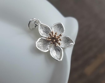 925 sterling silver dimensional Cherry blossom charm mixed metal sweet single flower dangle pendant spring renewal nature