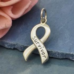 sterling silver cancer awareness ribbon, word survivor strength pendant, October