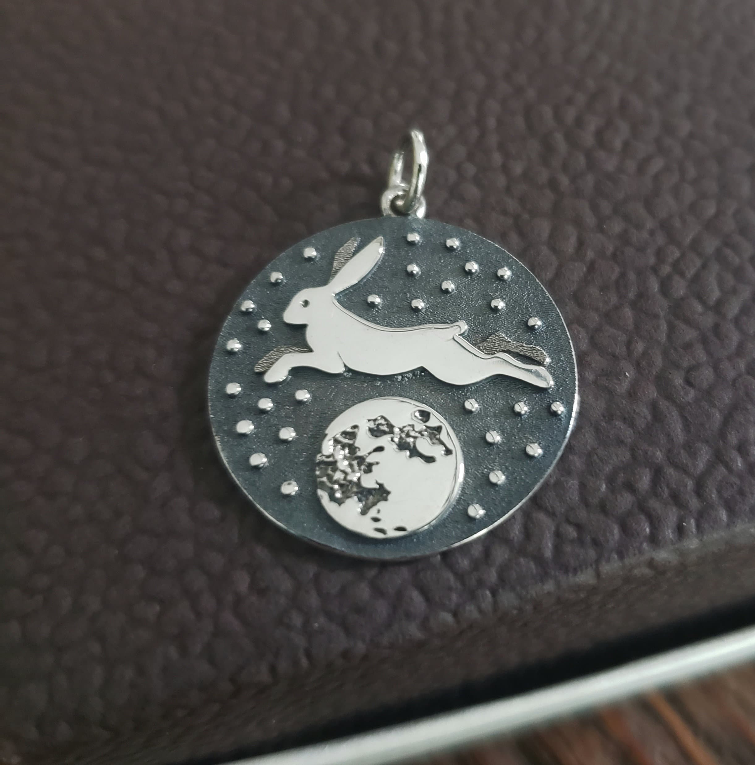 Sterling Silver Rabbit Over the Moon Pendant Engraved Backside