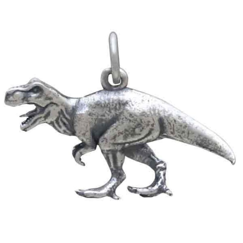 May include: A silver charm in the shape of a Tyrannosaurus Rex dinosaur. The charm is detailed and has a textured finish.