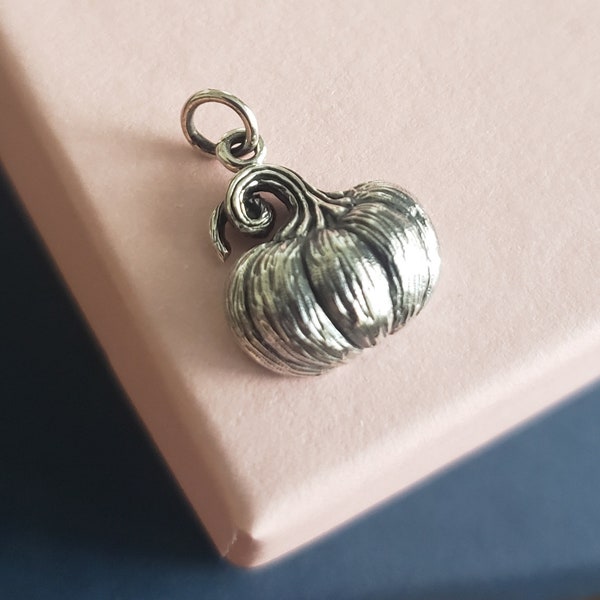 Sterling silver Pumpkin charm, pumpkin patch, halloween jewelry supply, dimensional food vegetable pendant