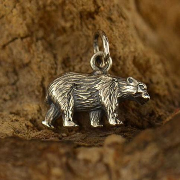 Sterling silver bear charm, realistic bear pendant animal theme jewelry