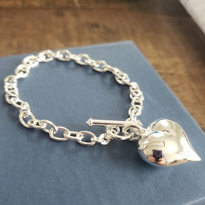 Sterling Silver 5.2mm cable chain Bracelet With puff Heart toggle clasp Adjustable chunky bracelet add charms