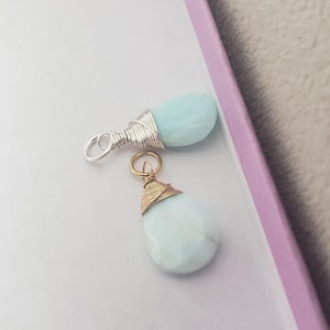 Peruvian blue opal gemstone pear briolette dangle charm summer azure milky white light blue green pendant October birthstone