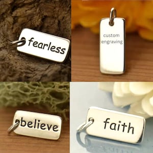 Etched word Charm, custom engraving on rectangle bar, choose your own word to be engraved