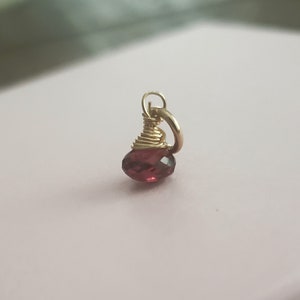May include: A small, gold-wrapped pendant with a red gemstone. The pendant is shaped like a teardrop and has a delicate wire design.