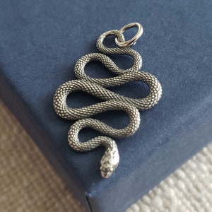 May include: A silver snake charm pendant with a textured surface. The snake is coiled in a spiral shape with its head facing down.