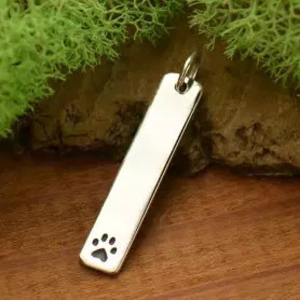 Sterling Silver Long Paw Print Stamping Blank, Engraving option available personalized dog mom jewelry pendant, vertical bar paw print