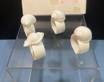Vintage Set of 4 Knobler Bone China White Sea Shell Napkin Rings or Holders - Conch & Asst. Shells - In Orig. Box w/ Stickers - Taiwan