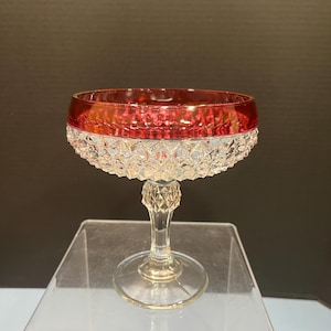 Vintage Indiana Glass Diamond Point Ruby Flash Pedestal Compote Dish - Candy Dish