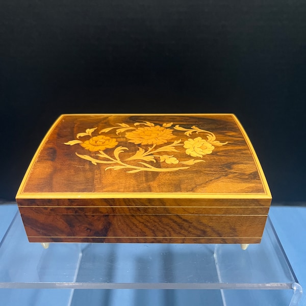 Vintage Reuge Wood Inlay Floral Design Music Box - Swiss Musical Movement - Plays " What I Did for Love"