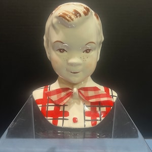Vintage Mid-Century Sandy Freckled-Face Wall Pocket - Checkerboard Bow Tie Clad Boy - Young Boy Vase or Wall Pocket