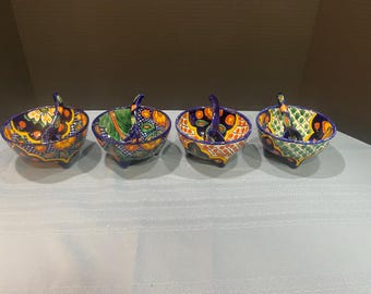 Vintage Talavera Molcajete Style Salsa Bowls w/ Talavera Spoon - 4 To Choose From - Each Sold Separately - Initialed by Artist - Mexico