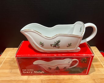 Vintage Tienshan Gravy Sleigh - Gravy Boat -Gold Rimmed Fine China Christmas Holly - Original Box