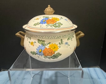 Vintage Villeroy and Boch Alt Amsterdam Enamelware 2 Quart Lidded Floral Pot with Brass Handles and Knob - 1980's