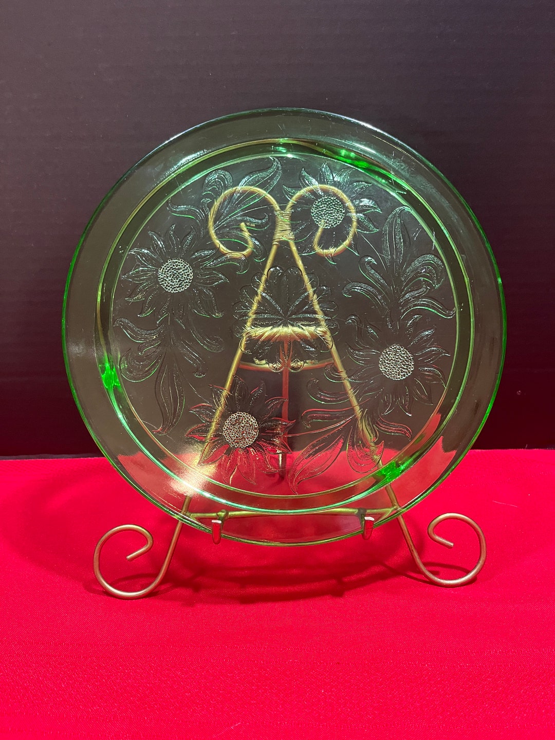 Vintage Glass Green Glow Glass Sunflower Footed Cake Etsy