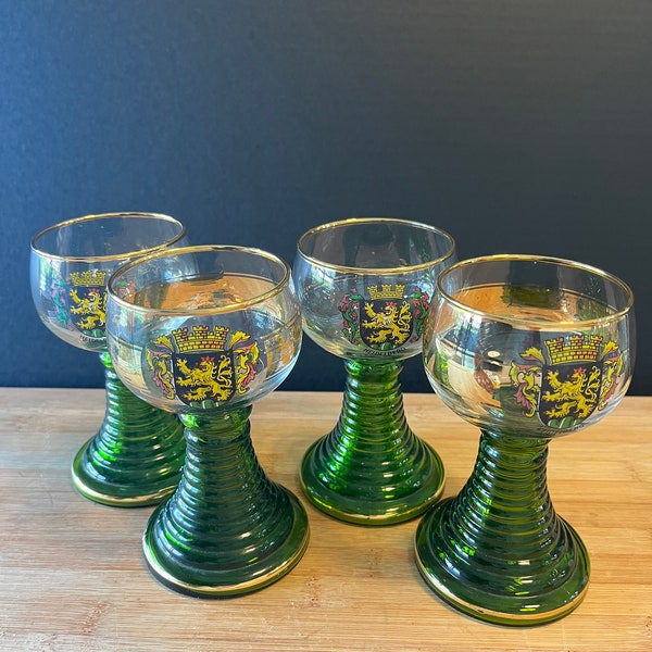 Vintage Roemer Heidelberg Green Ribbed Wine Glasses w/ Gold Embellishment