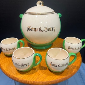 Vintage RARE Mid-Century Tom and Jerry Lidded Nog Punch Bowl Set w/ 4 Cups -  KB Company Japan