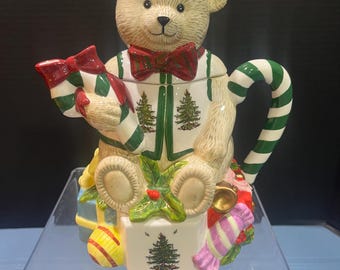 Vintage Spode Christmas Tree Teddy Bear Teapot or Nog Pitcher -  Hand-Painted Christmas Holiday Decor