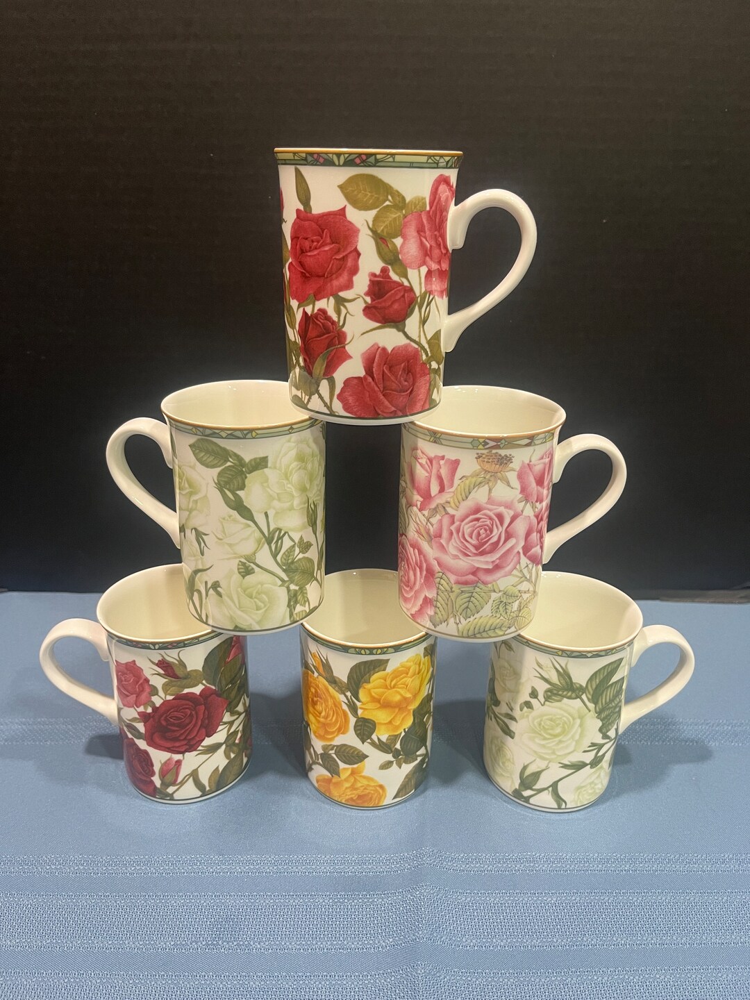 Vintage Royal Canterbury Fine Bone China Set of 6 Asst. Roses Mugs Rose ...