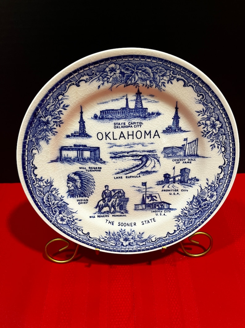 Vintage Oklahoma Souvenir Plate Blue & White Ceramic Etsy