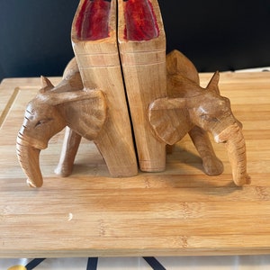 Vintage Hand-Carved Wooden Bookends - Elephants